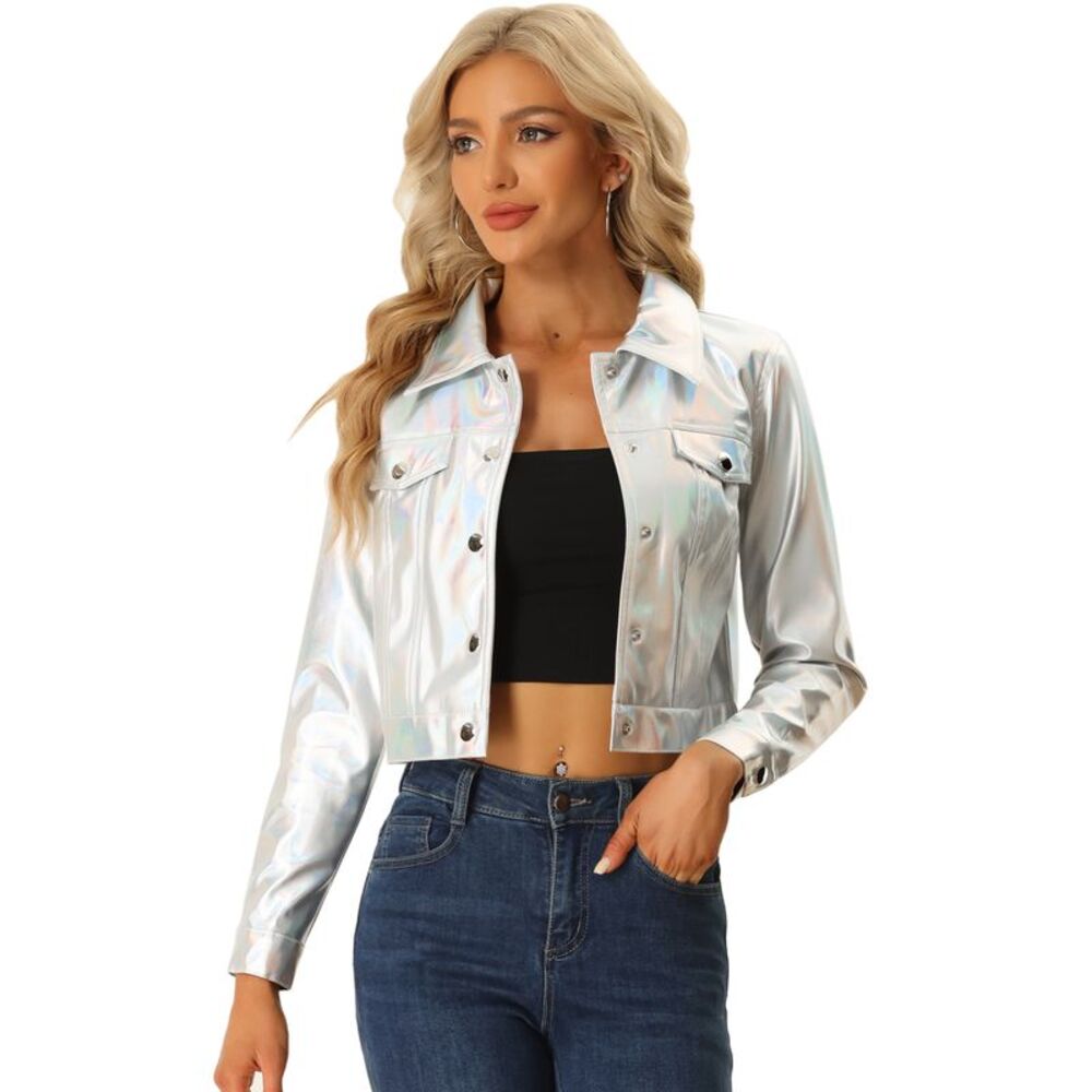 Metallic Jacket Moto Biker Jacket Holographic Shiny Crop Party Jackets Silver